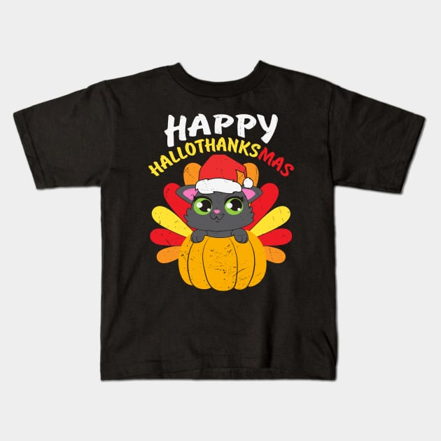 Happy Hallo Thanksmas Cute Cat Wearing Santa Hat Pumpkin Turkey Gift Kids T-Shirt by BadDesignCo